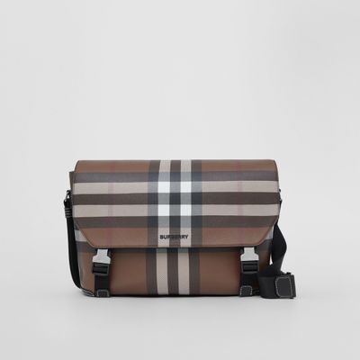 Exaggerated Check and Leather Large Messenger Bag in Dark Birch Brown - Men | Burberry® Official