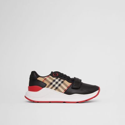 Leather and Vintage Check Cotton Sneakers Black/archive Beige - Women | Burberry® Official