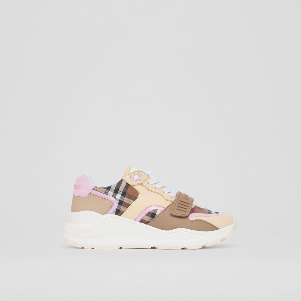 Check Cotton and Leather Sneakers Birch Brown/pink - Women | Burberry® Official