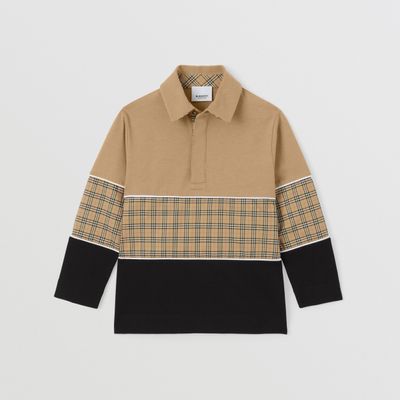 Long-sleeve Check Panel Cotton Polo Shirt Archive Beige | Burberry
