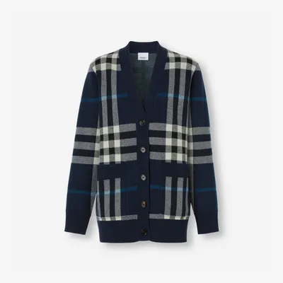 Check Wool Cashmere Cardigan in Dark charcoal blue - Women | Burberry® Official