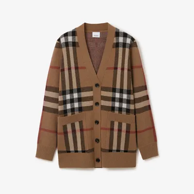 Check Wool Cashmere Jacquard Cardigan Birch Brown - Women | Burberry® Official
