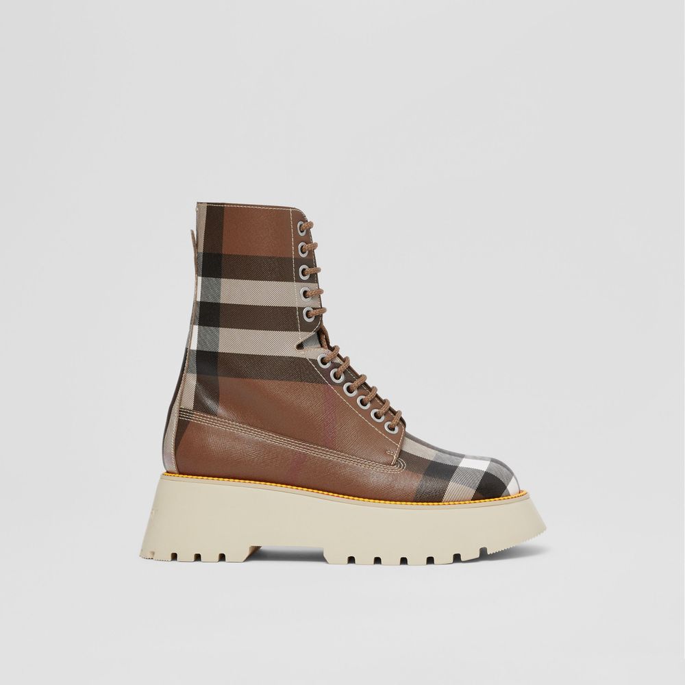 Exaggerated Check Platform Faux Leather Boots Birch Brown - Women | Burberry® Official