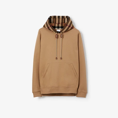 Check Trim Cotton Blend Hoodie in Camel - Men | Burberry® Official