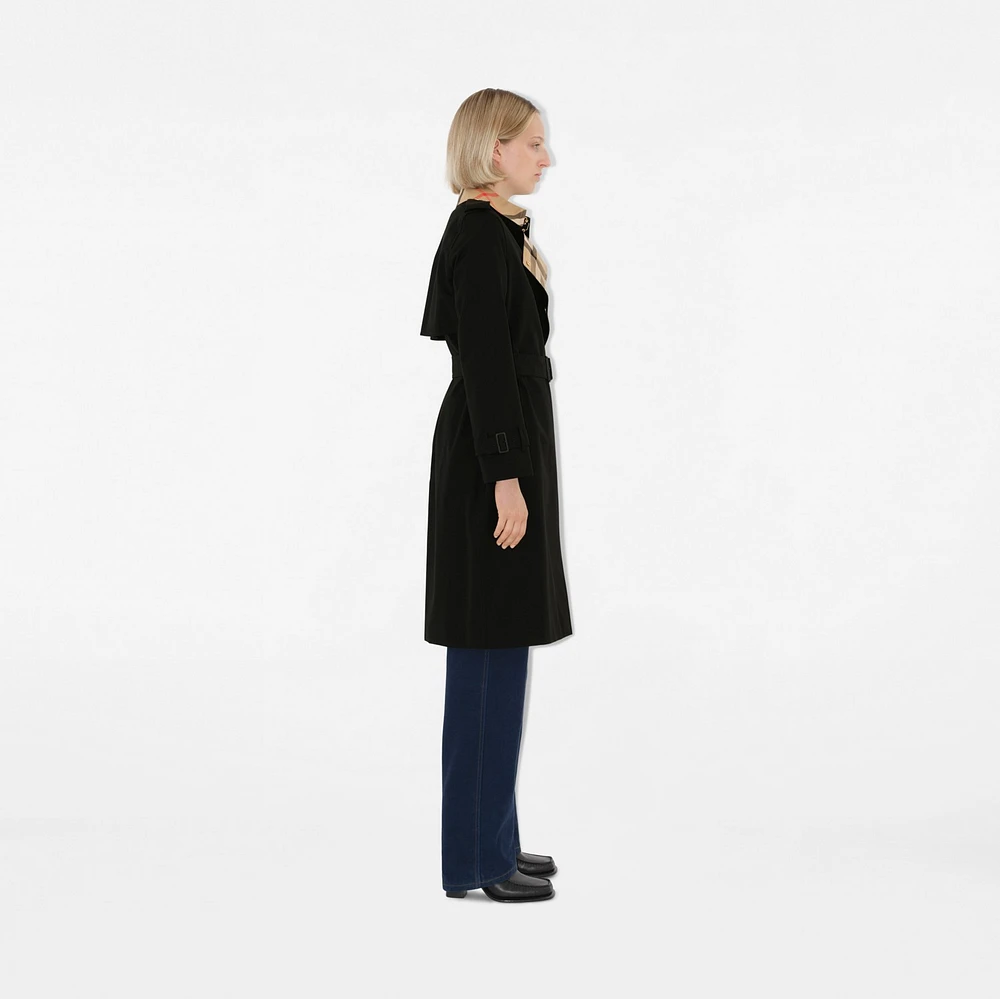 Long Check Collar Gabardine Trench Coat in Black - Women