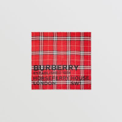 Horseferry Print Check Wool Silk Large Square Scarf in Bright Red | Burberry® Official