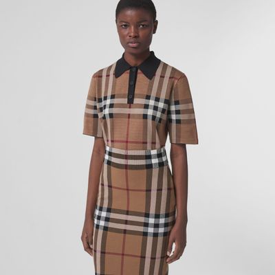Check Silk Blend Jacquard Polo Shirt Birch Brown - Women | Burberry® Official