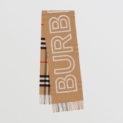 Reversible Crystal Logo Check Cashmere Scarf in Archive Beige | Burberry® Official