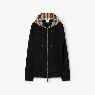 Check Hood Cotton Zip Hoodie in Black/archive beige - Men | Burberry® Official