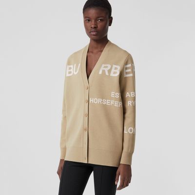 Horseferry Wool Cotton Blend Oversized Cardigan Camel/white - Women | Burberry® Official