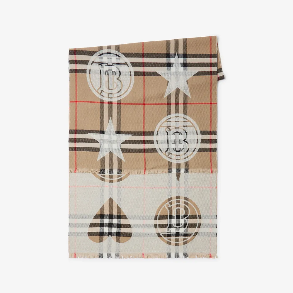 Check Lightweight Wool Silk Scarf in Archive Beige