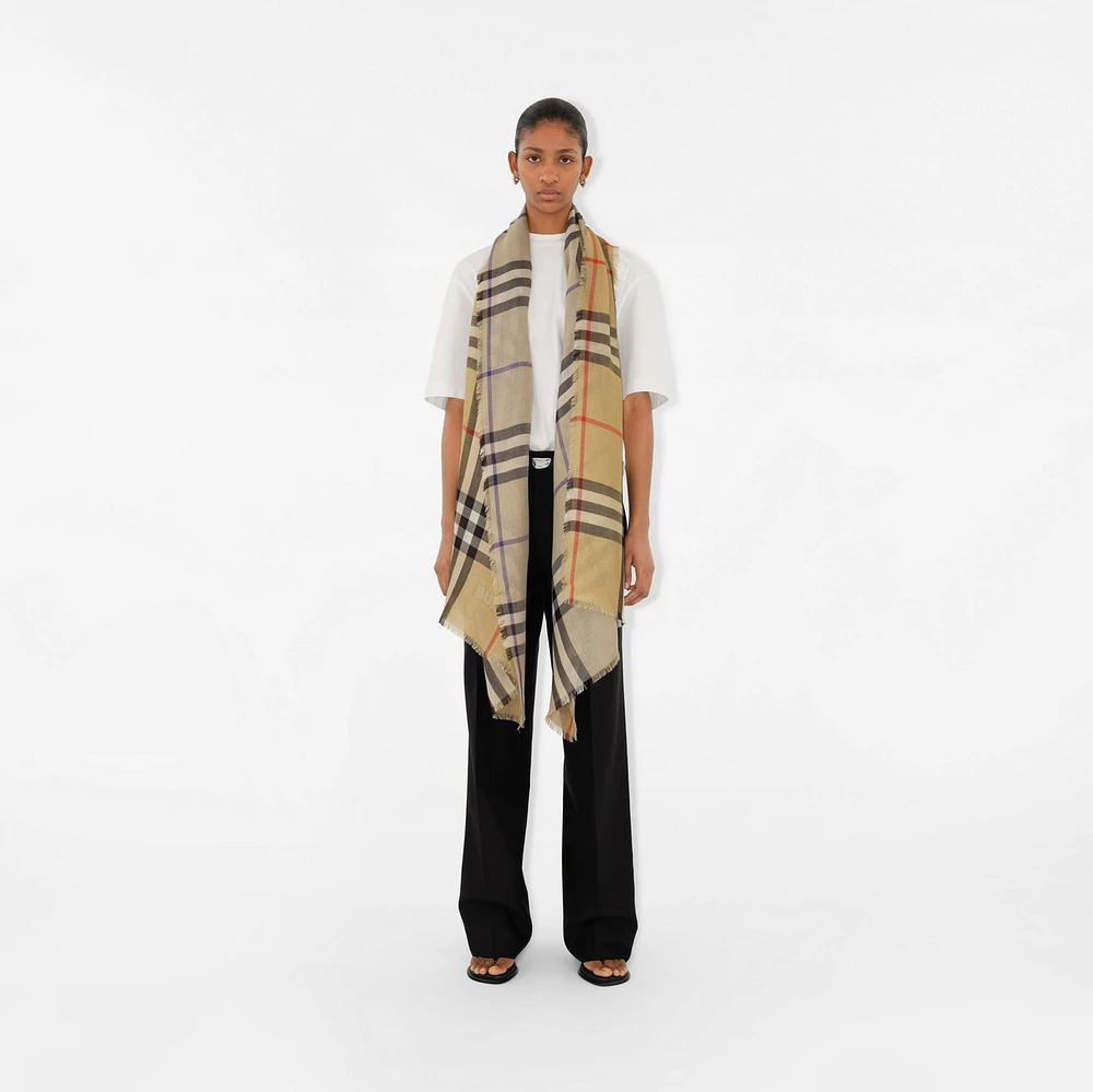 Wide Reversible Check Wool Silk Scarf in Sand/lichen | Burberry® Official