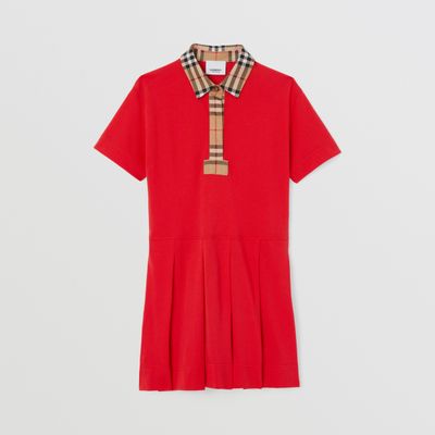 Vintage Check Trim Cotton Polo Shirt Dress Bright Red | Burberry® Official
