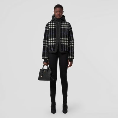 Exaggerated Check Fleece Hooded Jacket White/dark Carbon Blue - Women | Burberry® Official