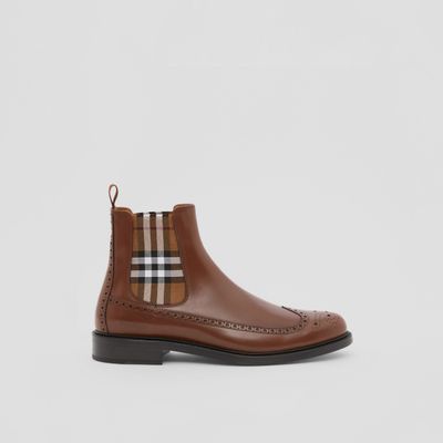 Vintage Check Detail Leather Chelsea Boots Deep Bark Brown - Men | Burberry® Official