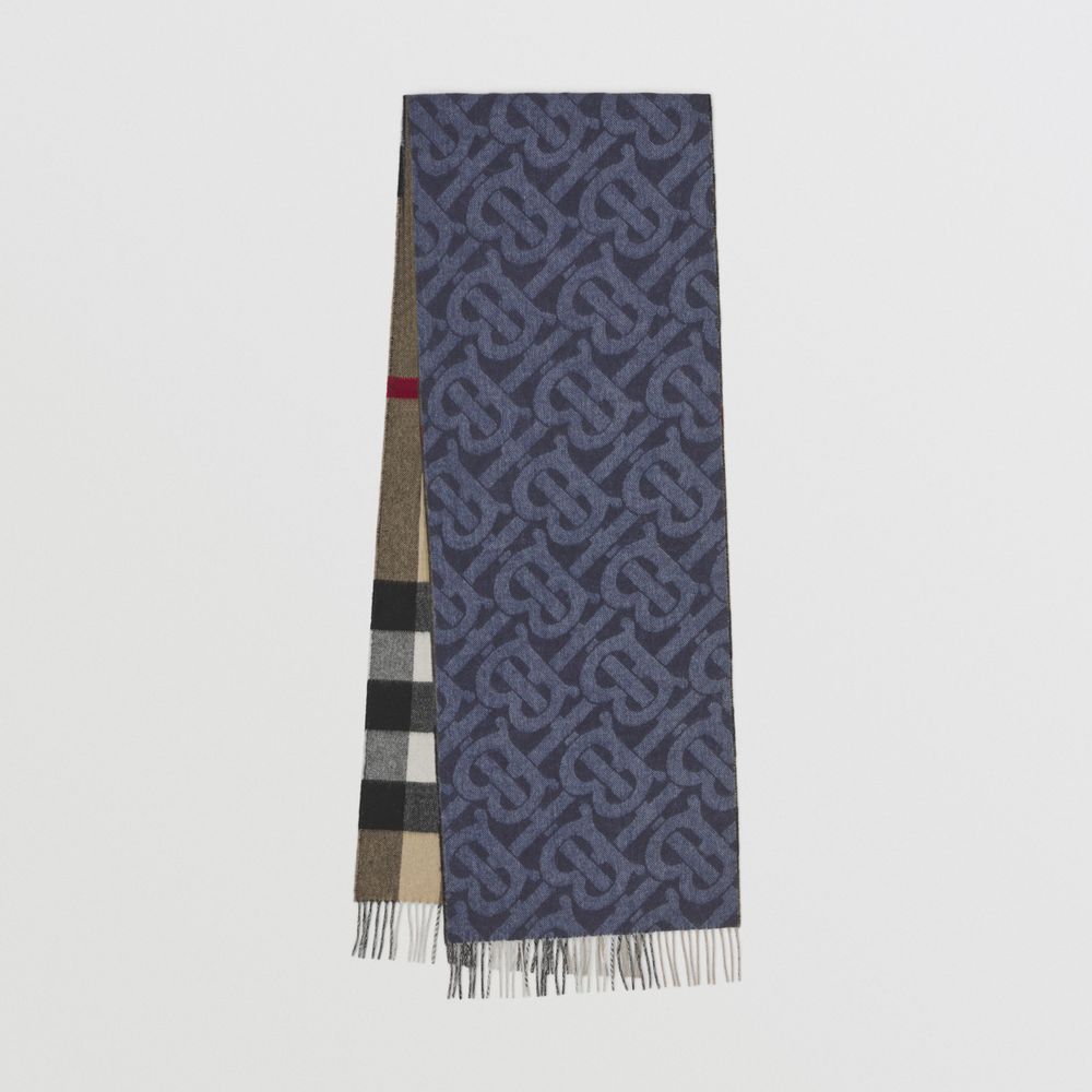 Reversible Check and Monogram Cashmere Scarf in Indigo - Men | Burberry® Official