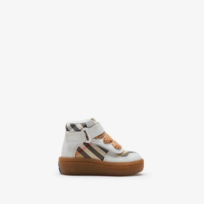 Check and Leather High-top Sneakers in Sand