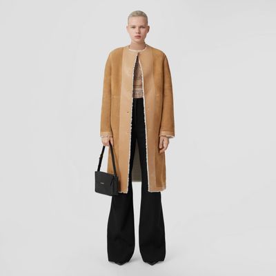 Reversible Shearling Collarless Coat Wheat - Women | Burberry® Official