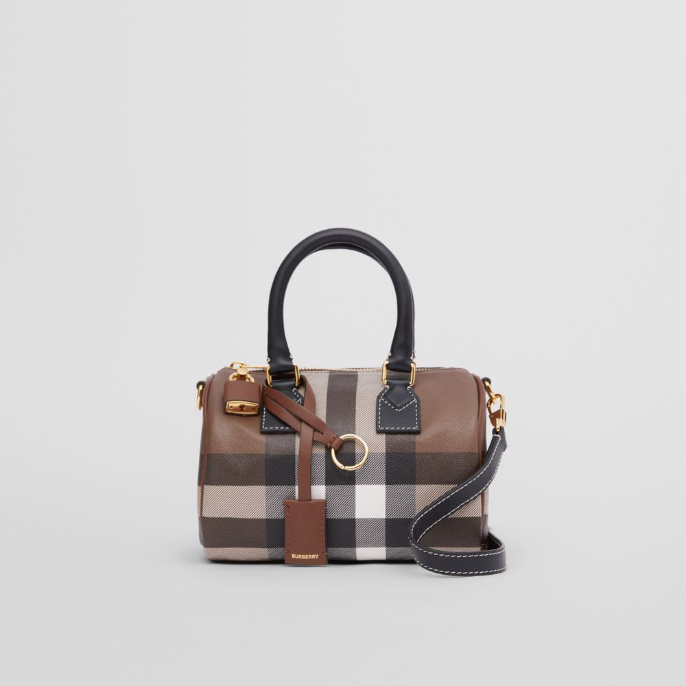 Check and Leather Mini Bowling Bag in Dark Birch Brown - Women | Burberry® Official