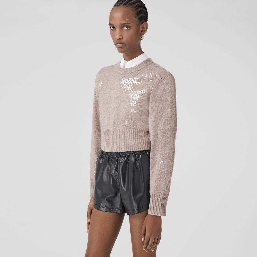 Sequinned Cashmere Cropped Sweater Beige Melange - Women | Burberry® Official