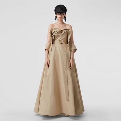 Cotton Gabardine Belted Trench Gown in Soft Fawn