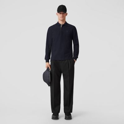Long-sleeve Monogram Motif Cotton Piqué Polo Shirt Coal Blue - Men | Burberry® Official