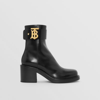Monogram Motif Leather Block-heel Boots Black | Burberry® Official