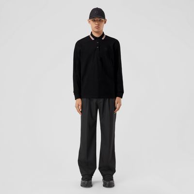 Long-sleeve Icon Stripe Collar Cotton Polo Shirt Black - Men | Burberry® Official