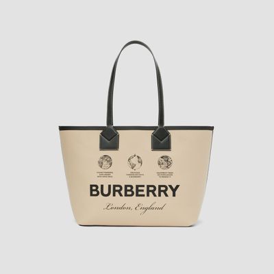Label Print Cotton Medium London Tote Bag in Beige - Women | Burberry® Official