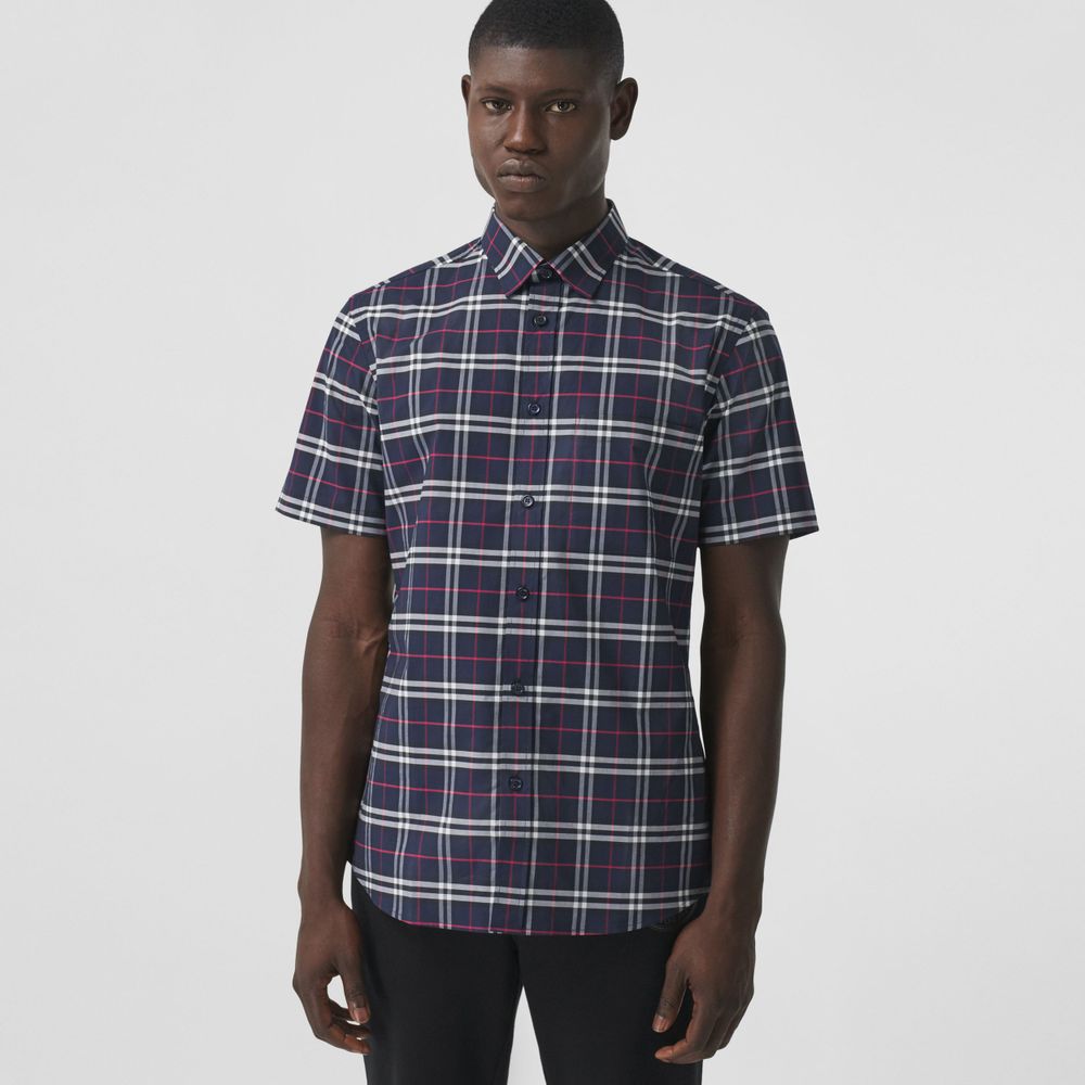 Burberry Short-sleeve Small Scale Check Stretch Cotton Shirt Navy - Men, Burberry® Official