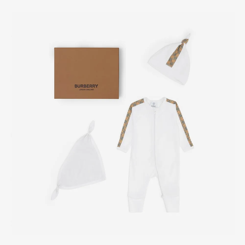 Check Trim Cotton Three-piece Baby Gift Set in White - Children | Burberry® Official