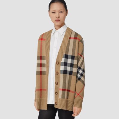 Check Technical Wool Jacquard Cardigan Archive Beige | Burberry® Official