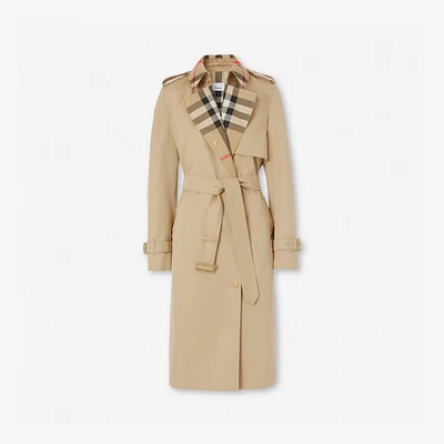 Long Check Collar Gabardine Trench Coat in Honey - Women, Cotton Gabardine | Burberry® Official