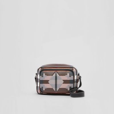 Geometric Check and Leather Crossbody Bag in Dark Birch Brown/white - Men | Burberry® Official