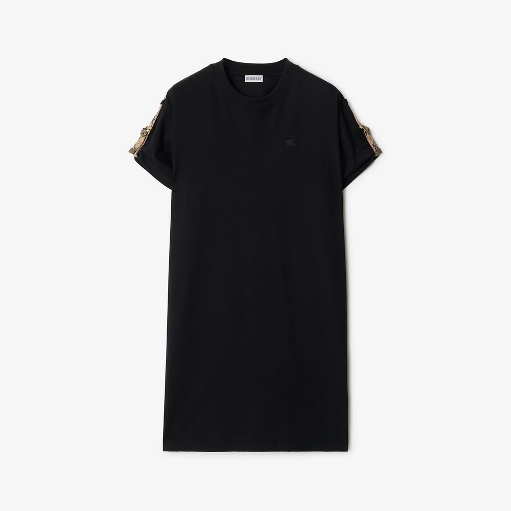 Check Trim Cotton T-shirt Dress in Black - Women | Burberry® Official