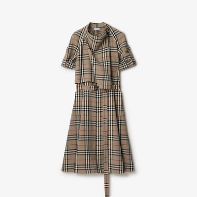 Check Silk Blend Trench Dress in Limestone - Women, Nylon | Burberry® Official