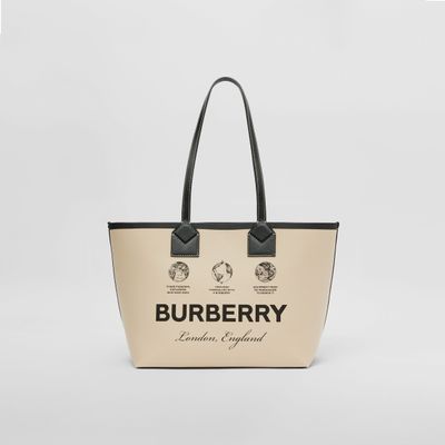 Label Print Cotton and Leather London Tote Bag in Beige