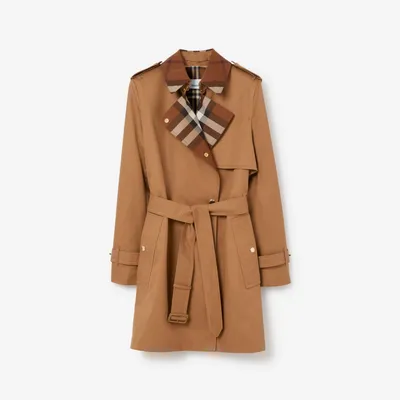 Short Check Collar Gabardine Trench Coat in Dusty caramel - Women, Cotton Gabardine | Burberry® Official