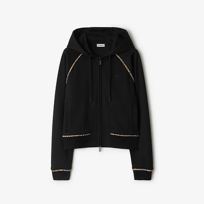 Check Trim Cotton Blend Zip Hoodie in Black - Women | Burberry® Official