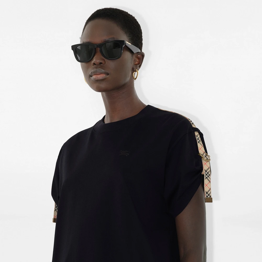 Check Trim Cotton T-shirt Dress in Black - Women | Burberry® Official