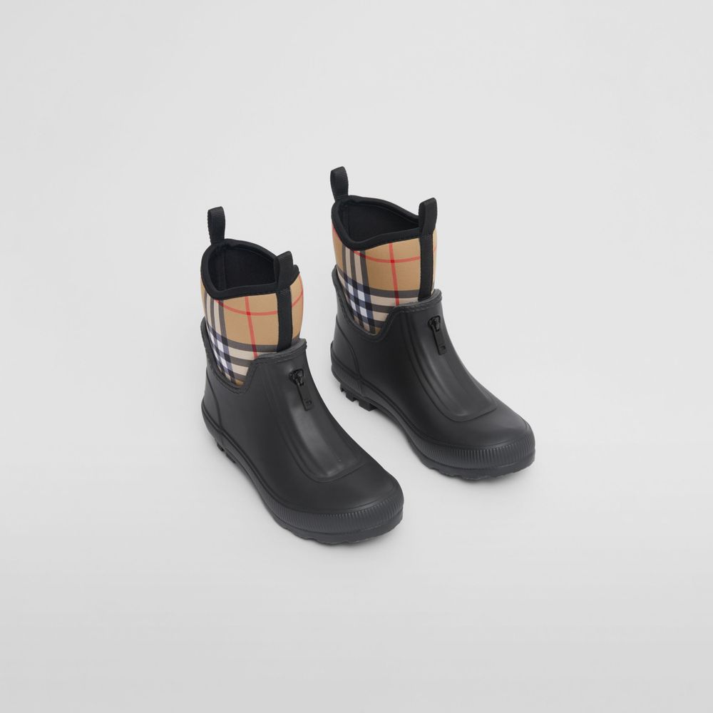 Vintage Check Neoprene and Rubber Rain Boots Black