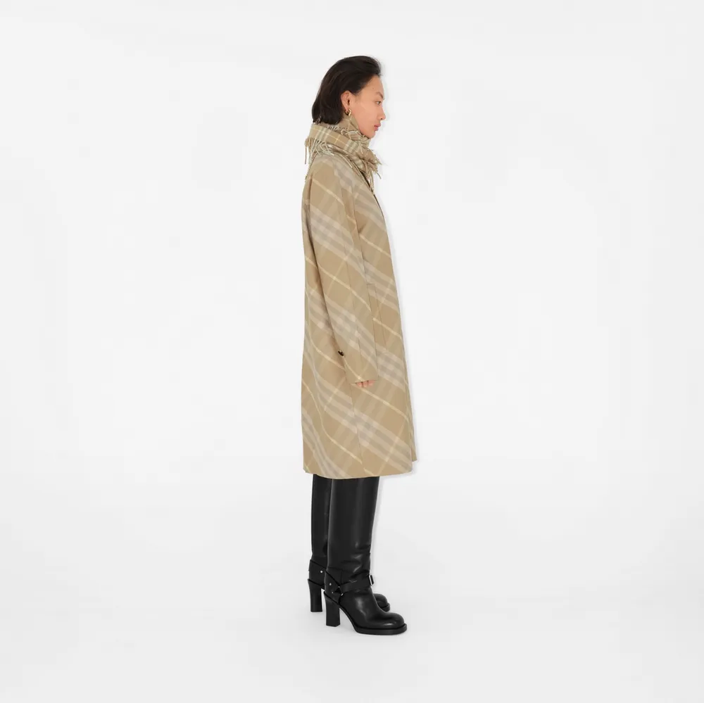 Mid-length Reversible Check Gabardine Car Coat in Flax - Women, Cotton Gabardine | Burberry® Official