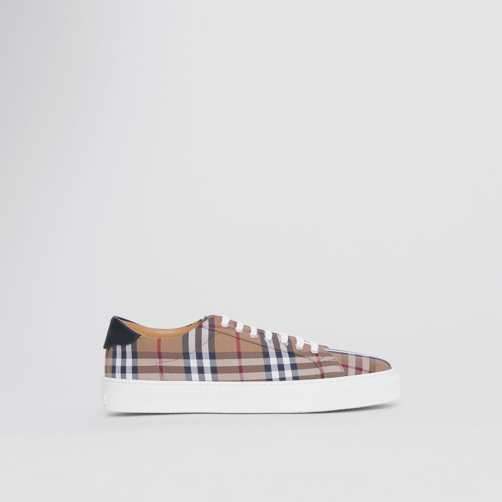 Check Cotton and Leather Sneakers Birch Brown - Men | Burberry® Official