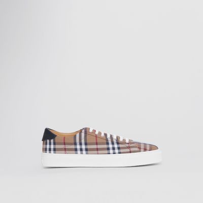 Check Cotton and Leather Sneakers Birch Brown - Men | Burberry® Official