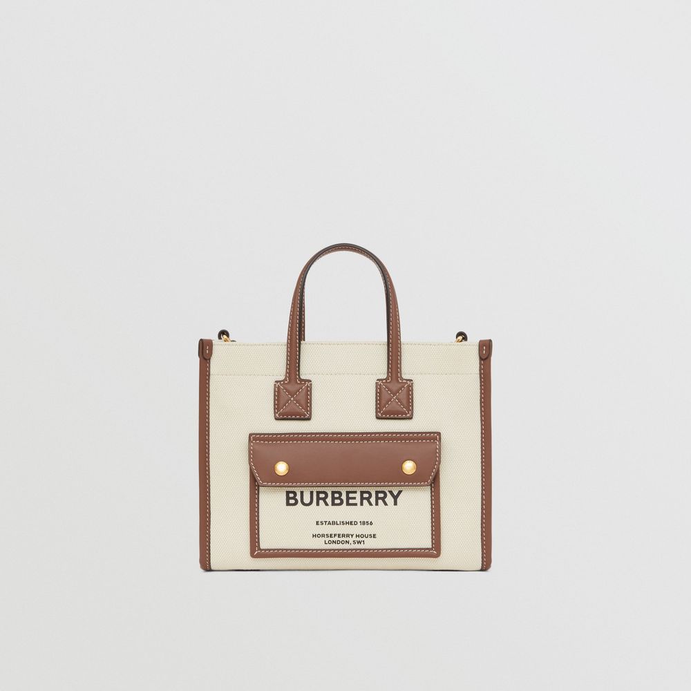 Two-tone Canvas and Leather Mini Freya Tote in Natural/tan - Women | Burberry® Official