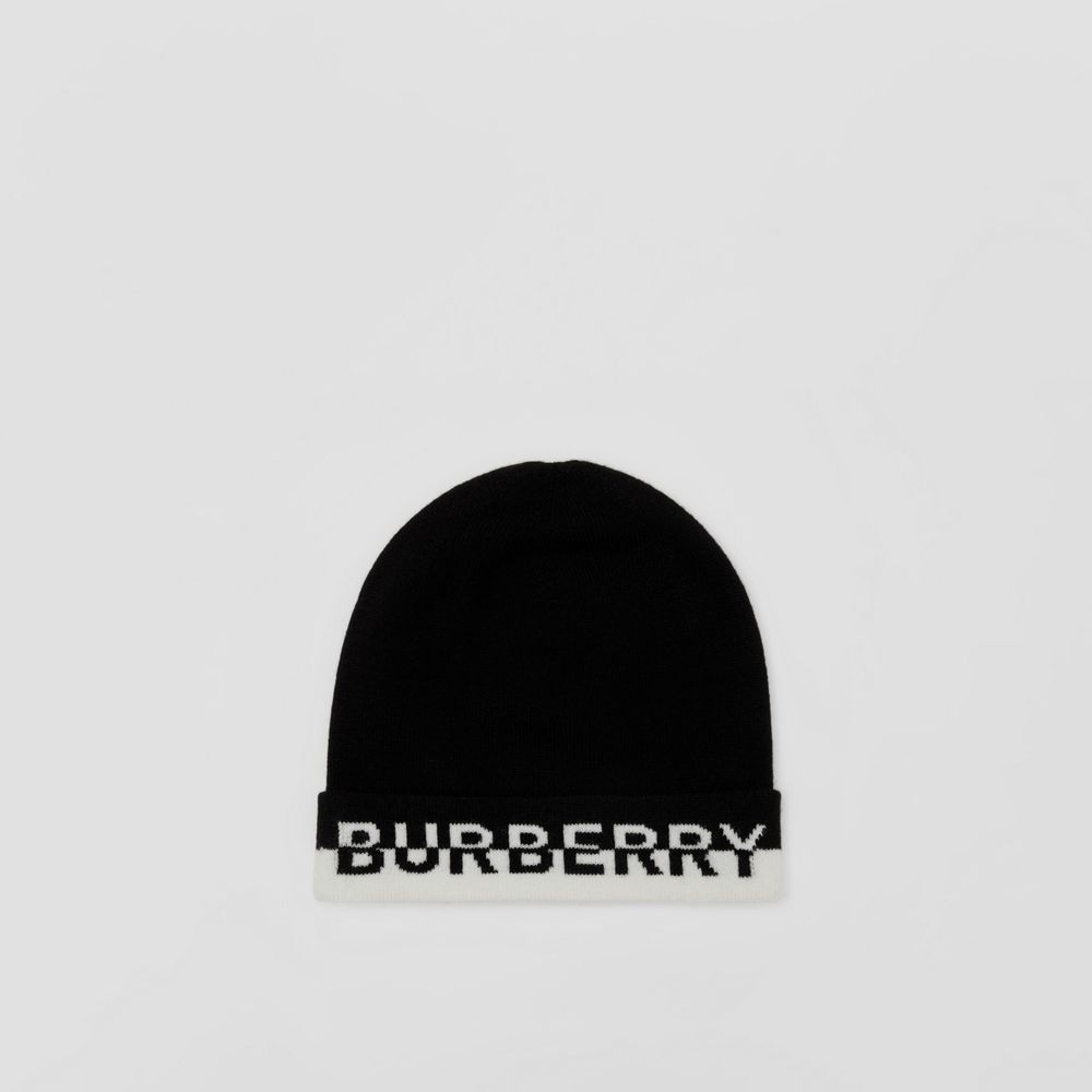 Logo Intarsia Cashmere Beanie in Black/white | Burberry® Official