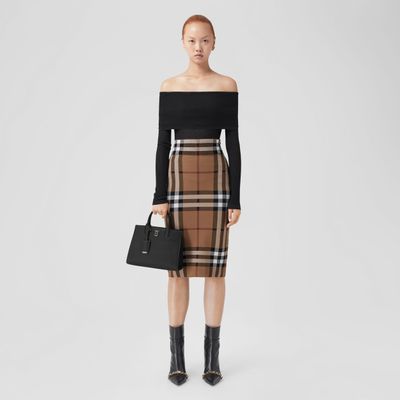 Check Cotton Silk Blend Jacquard Skirt Birch Brown | Burberry® Official