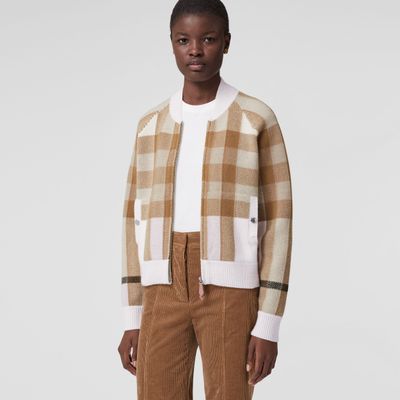 Check Intarsia Wool Cashmere Bomber Jacket Beige - Women | Burberry® Official