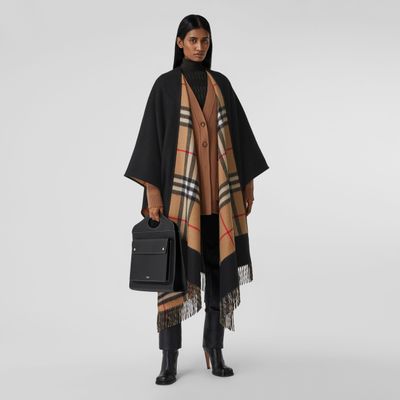 Reversible Check Wool Cashmere Cape in Black - Women | Burberry® Official