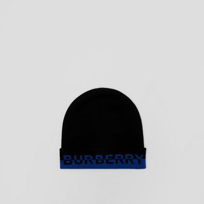Logo Intarsia Cashmere Beanie in Black/sodalite Blue | Burberry® Official